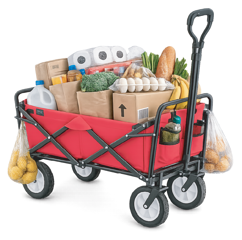 Folding wagon overloaded with groceries