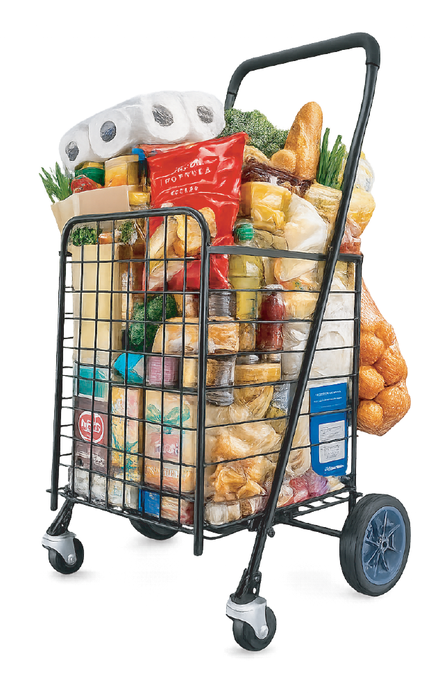 Wire shopping cart overloaded with groceries